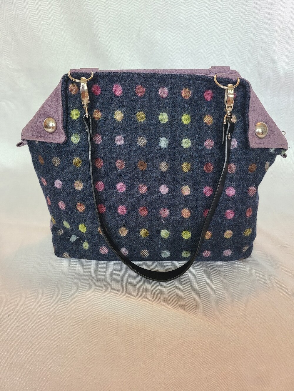 "Jeanie Bags"  Polka Dot Navy Textile Tote with Purple Trim
